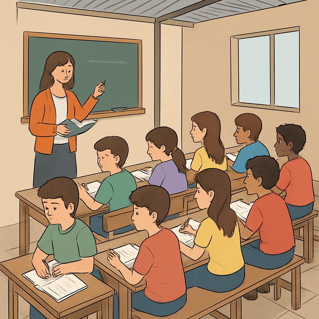 Cramped temporary classroom setup affecting student concentration and learning.