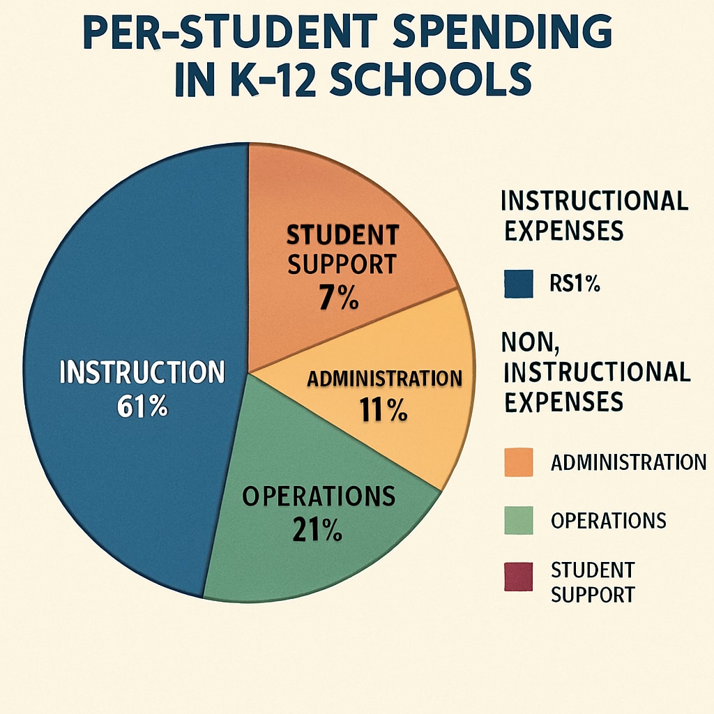 A chart showing the breakdown of per-student spending categories in K-12 schools, including instructional and non-instructional expenses. Breakdown of per-student spending categories in K-12 schools.