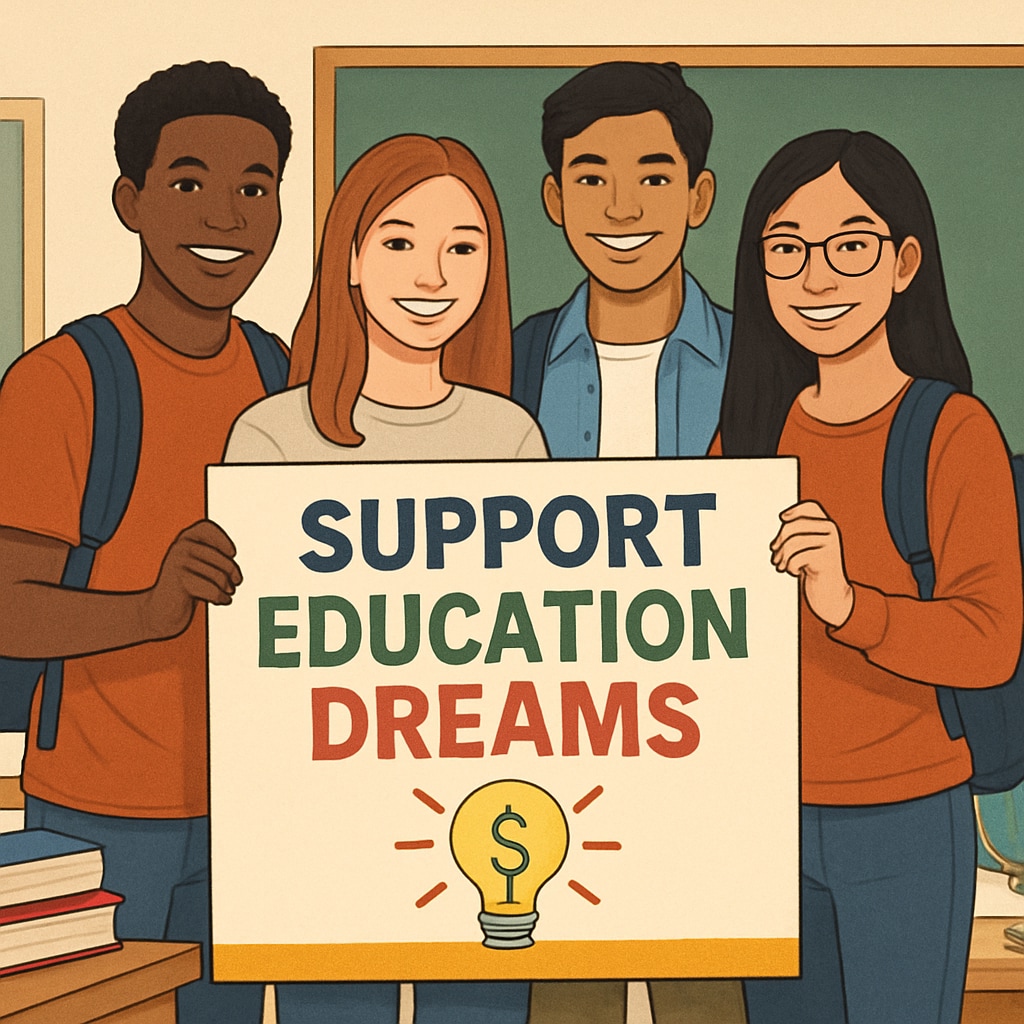 A group of students holding a fundraiser poster that says Students holding a fundraiser poster for educational crowdfunding.