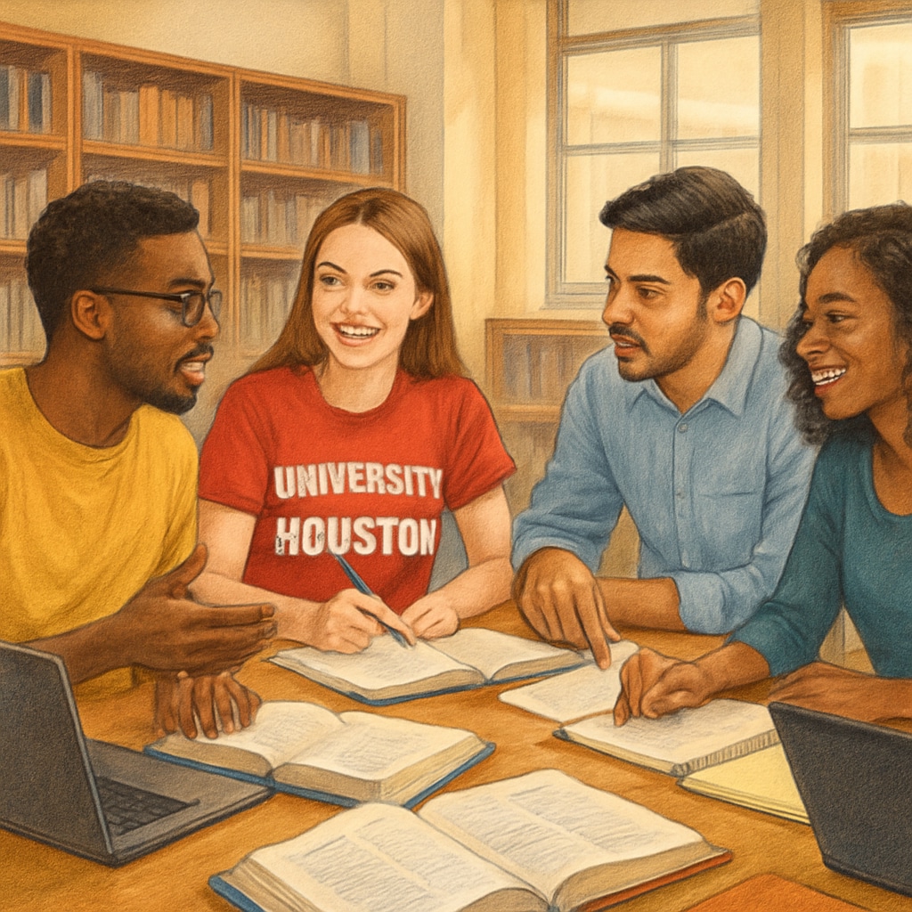 A vibrant student study group at the University of Houston discussing academic topics in a library setting. University of Houston students collaborating in a study group.