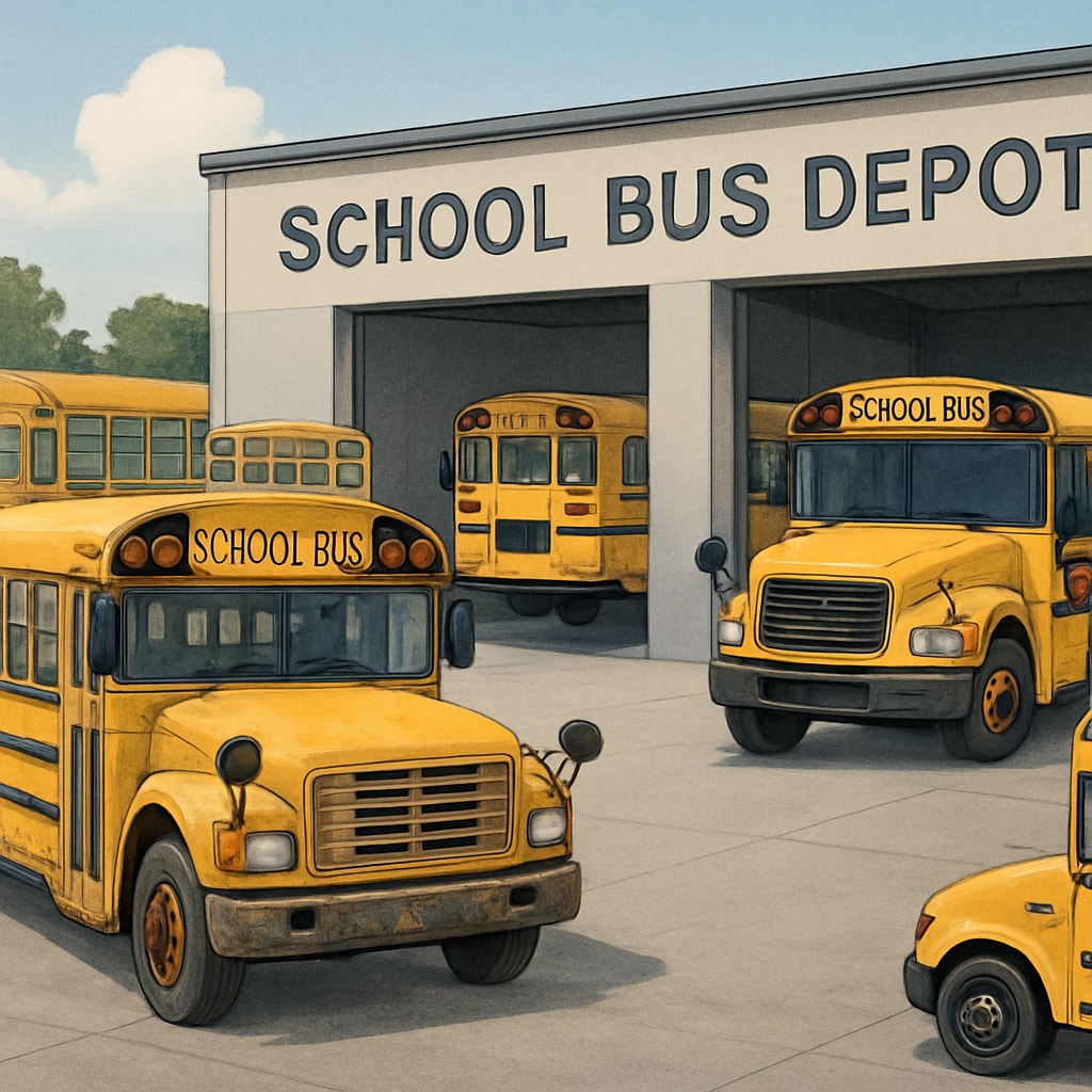 A school bus depot illustrating the varying conditions of vehicles used for student transportation in different districts. School bus depot showing transportation disparities in K-12 schools.