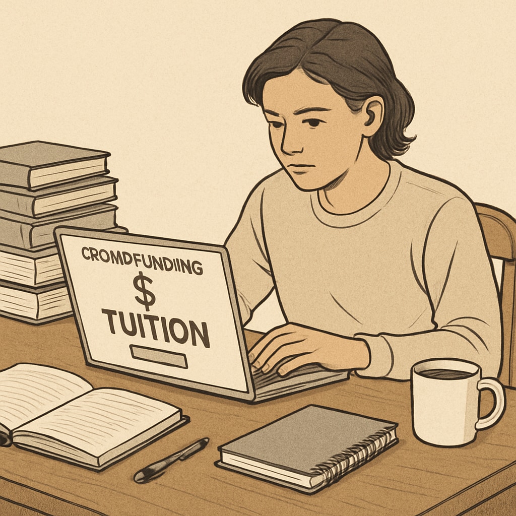 A college student sitting at a laptop, creating a crowdfunding campaign for their tuition. Crowdfunding tuition campaign setup by a college student.