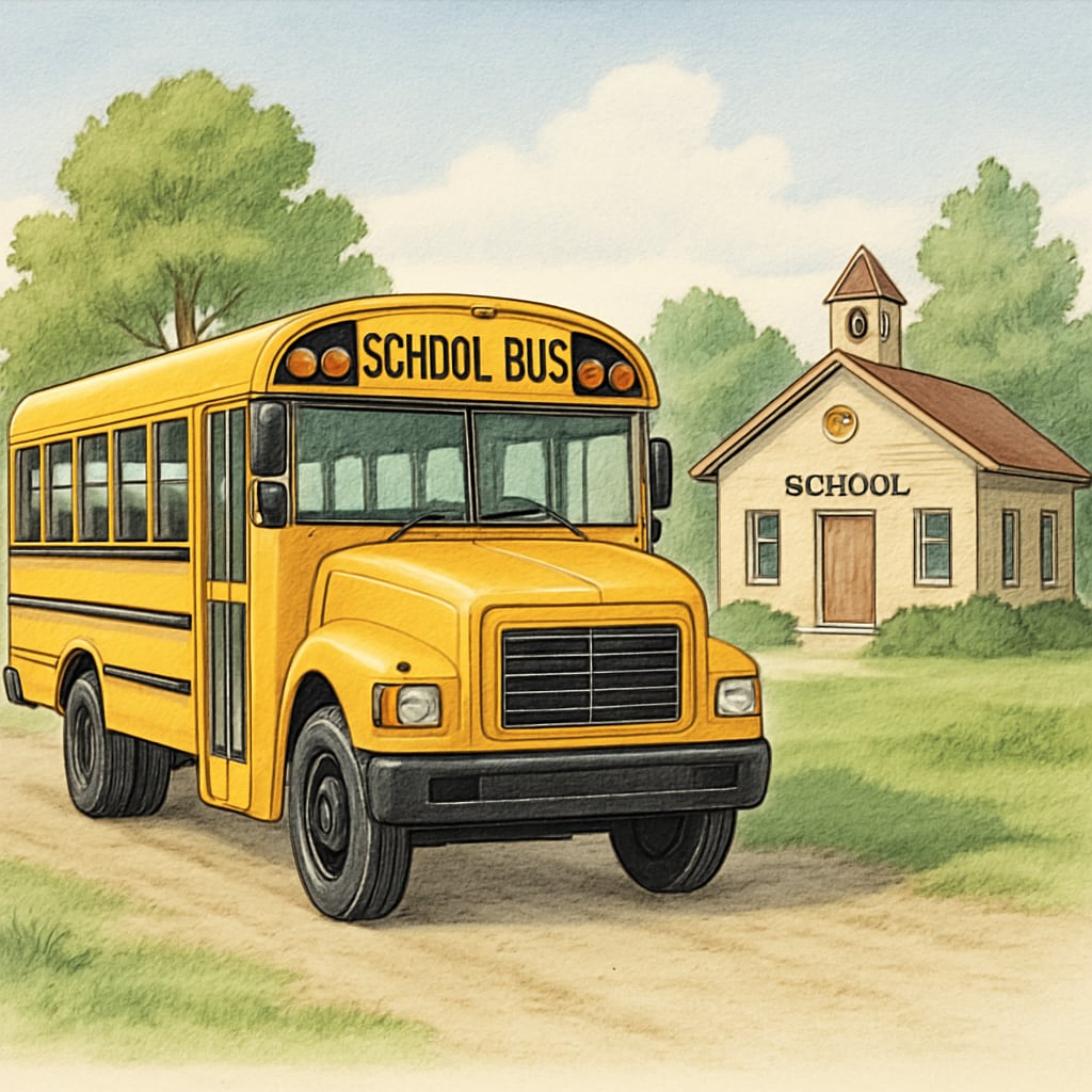 A school bus parked outside a rural school, representing transportation expenses in school budgets. School bus highlighting transportation costs in school budget allocations.