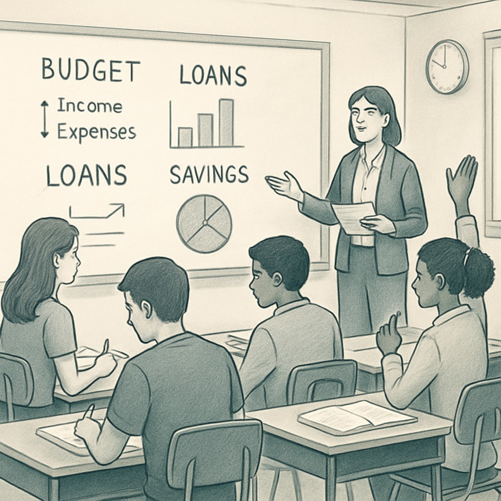 A high school classroom, with students learning about financial literacy concepts like budgeting and loans. High school students studying financial literacy to prepare for college.