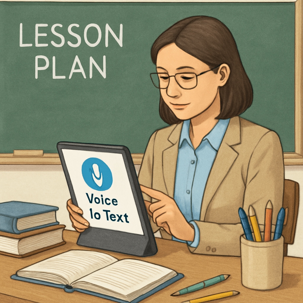 A teacher using a voice-to-text application on a tablet to transcribe notes for a lesson plan. Voice-to-text tool used for creating lesson plans, enhancing teaching efficiency.