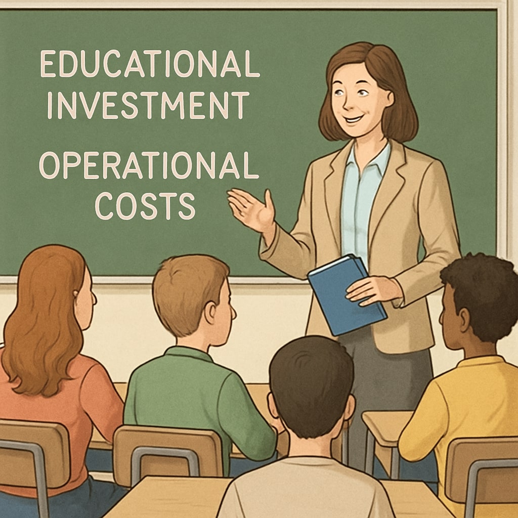 A teacher in a classroom with students, symbolizing direct educational investment versus operational costs. Classroom scene showcasing direct educational investments.