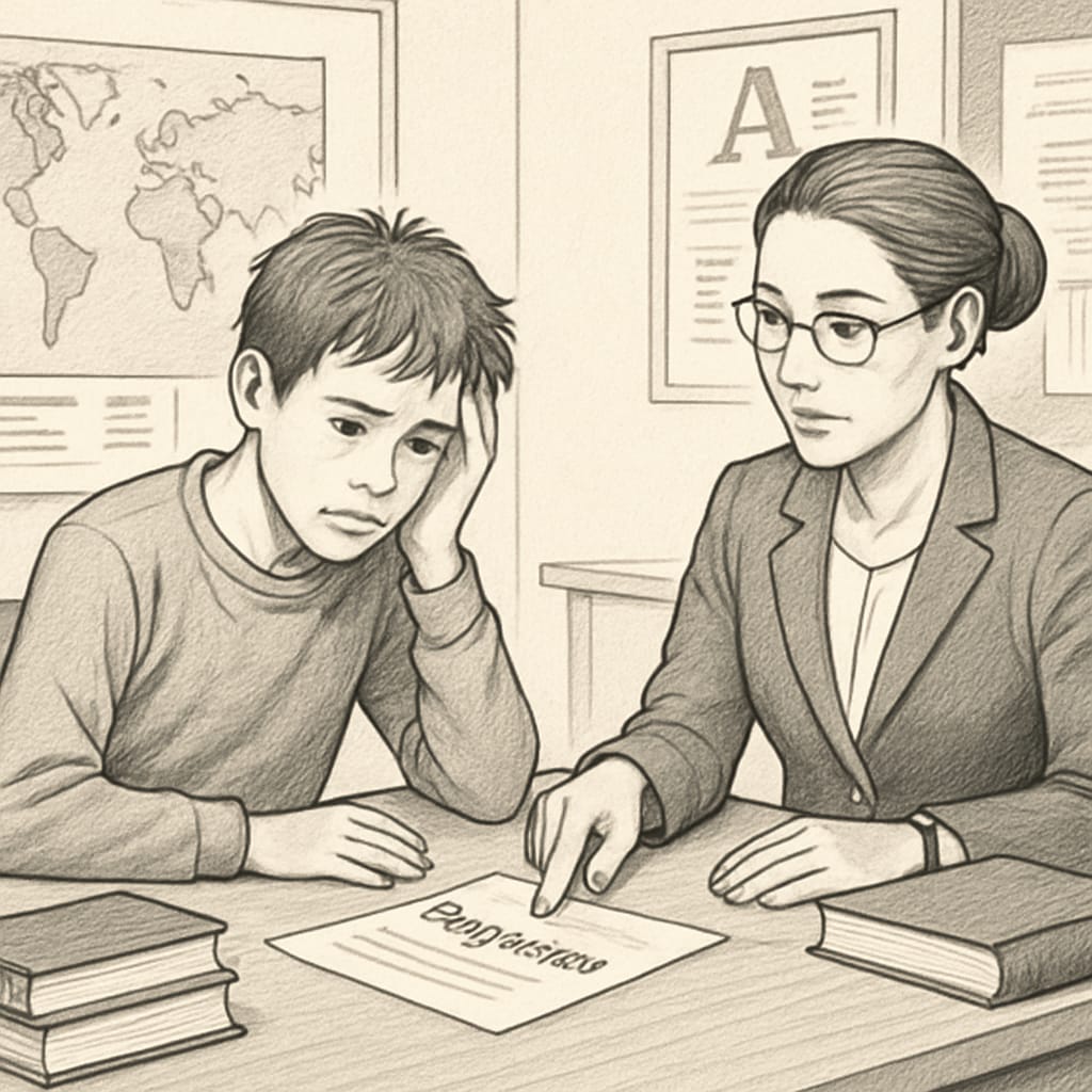 A young student looking distressed while discussing plagiarism accusations with a teacher. A student discussing plagiarism accusations with a teacher, emphasizing academic integrity concerns.