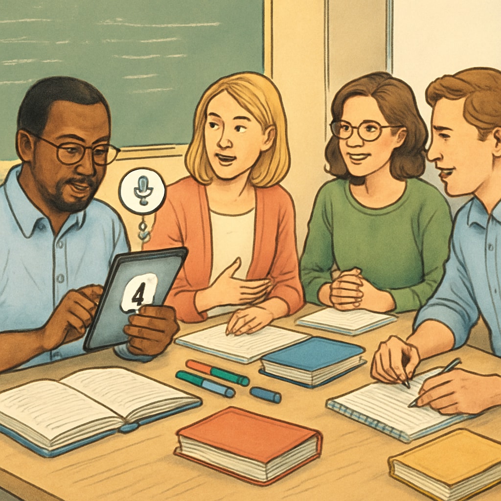 A group of teachers collaborating, one using a voice-to-text tool to document their brainstorming session. Collaborative brainstorming for lesson planning using voice-to-text technology.