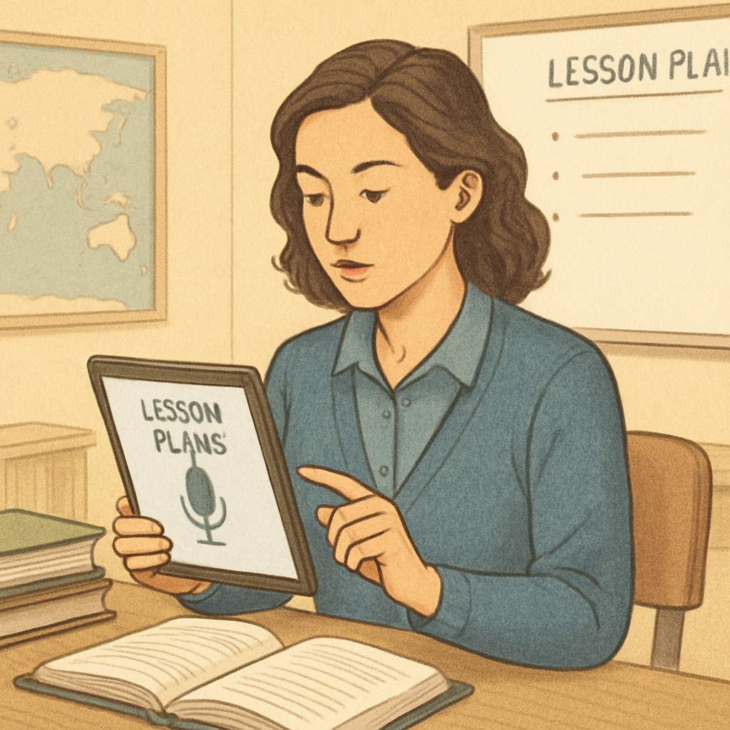 A teacher using a voice-to-text tool on their tablet to create lesson plans. Voice-to-text technology improving teaching workflows with WillowVoice.