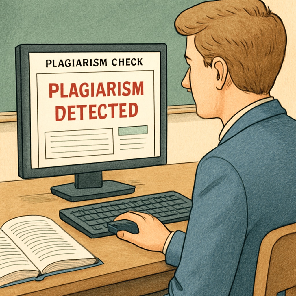 Close-up of a teacher using plagiarism detection software on a computer. Teacher analyzing a student's work for plagiarism, highlighting the role of technology in detecting academic integrity violations.