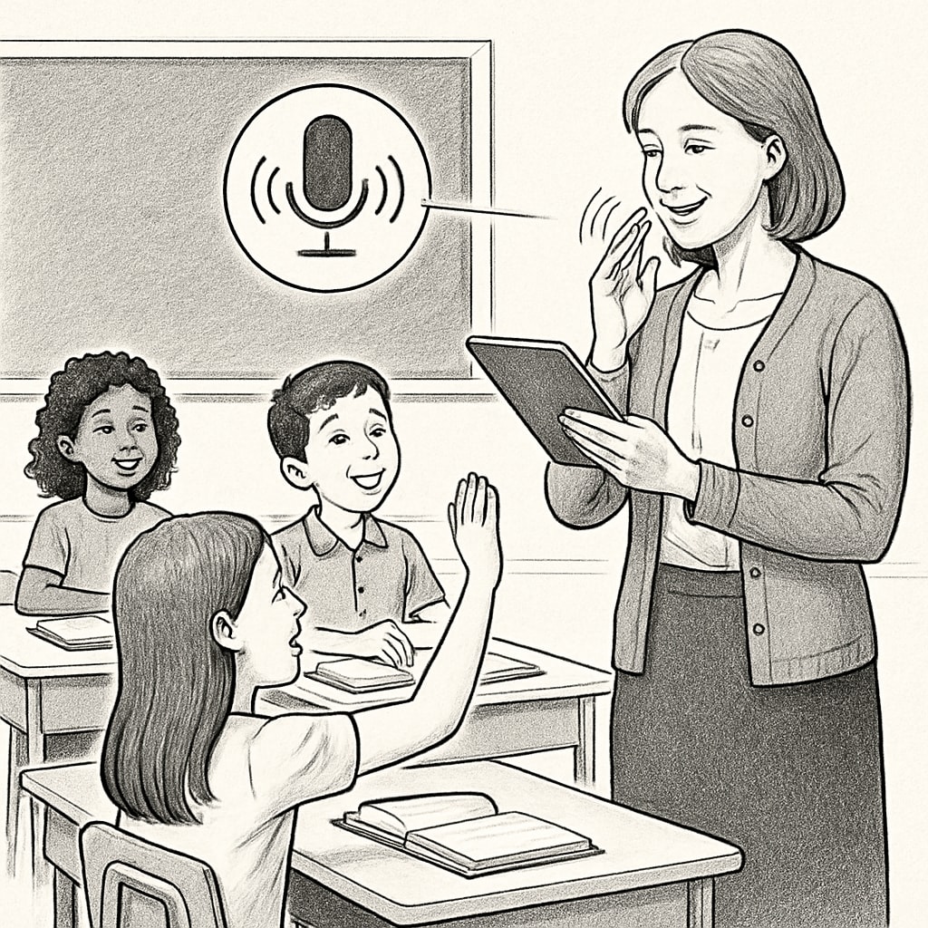 A teacher using a voice recognition tool while interacting with students. Teacher using AI voice recognition to enhance classroom efficiency.