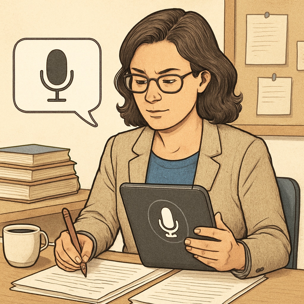 A teacher recording feedback using a voice-to-text app while reviewing student assignments. Enhancing student feedback efficiency using WillowVoice.