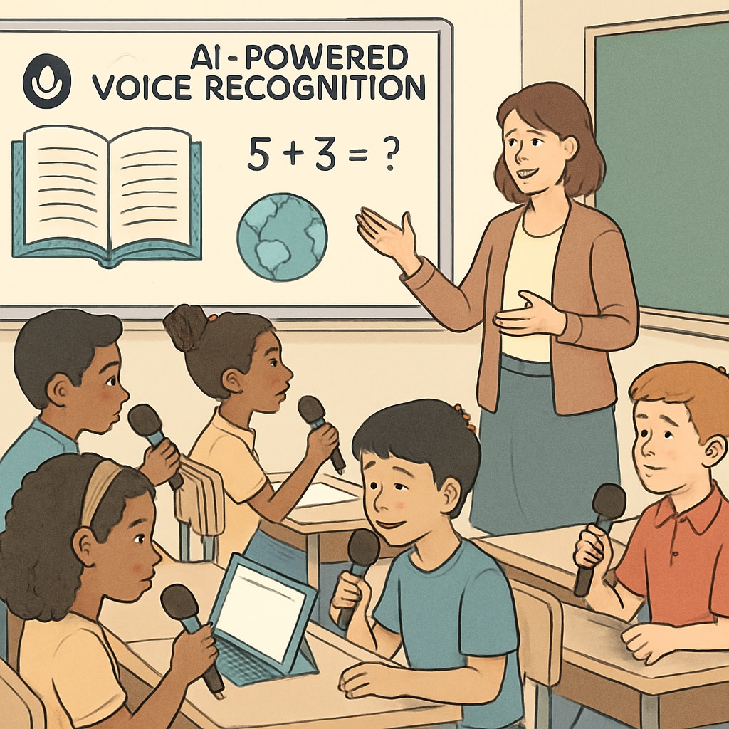 A classroom setting where AI-powered voice recognition is being used to assist diverse learners. AI voice recognition supporting inclusive learning in a classroom.