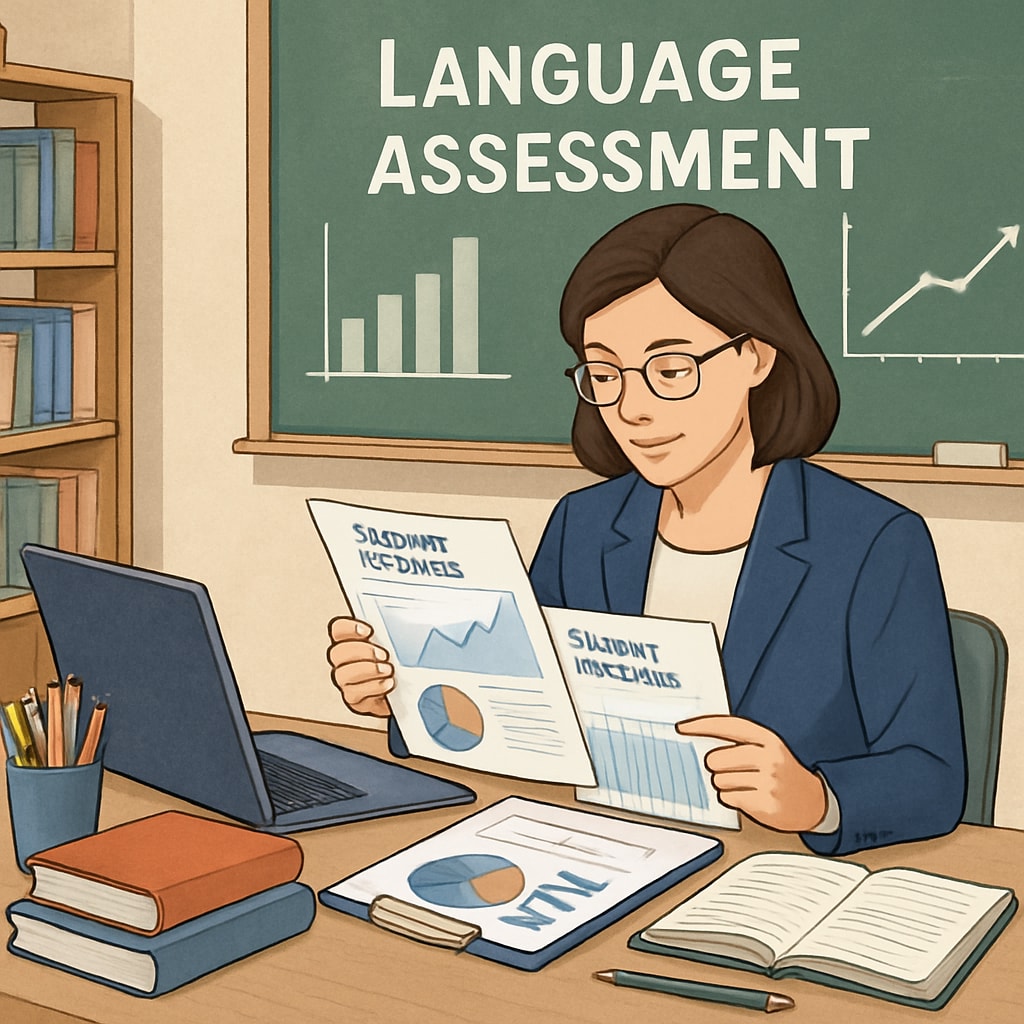 A teacher analyzing language assessment data to design differentiated instruction. Teacher analyzing language assessment data for English learners in science class.