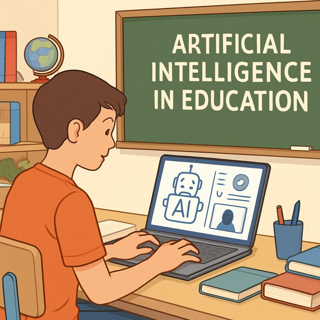 A conceptual image showing a student using AI-powered tools, such as a laptop with educational software, in a classroom setting, symbolizing the integration of artificial intelligence into education. Student using AI-powered tools in education, symbolizing AI integration into learning.