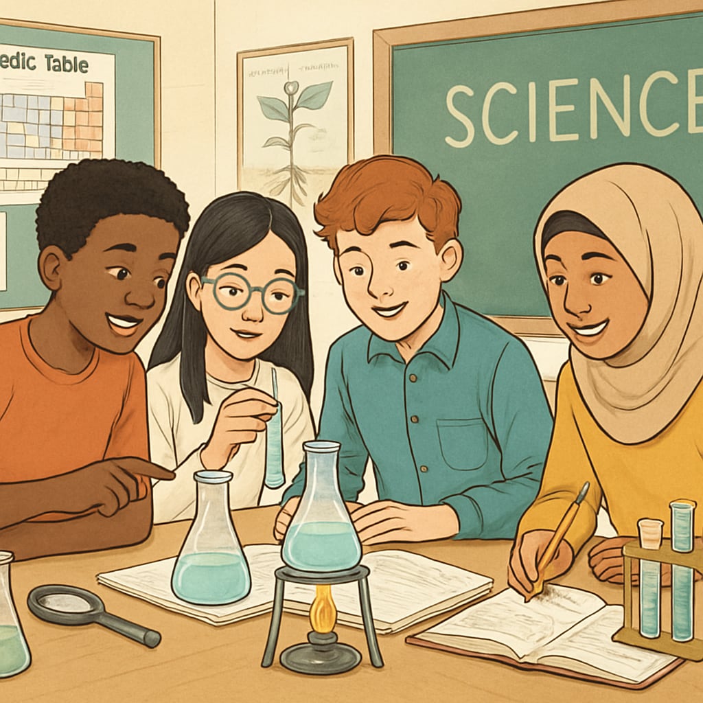 A diverse group of students collaborating on a science experiment in a classroom. Diverse students working together on a science project, promoting collaboration and inclusivity.