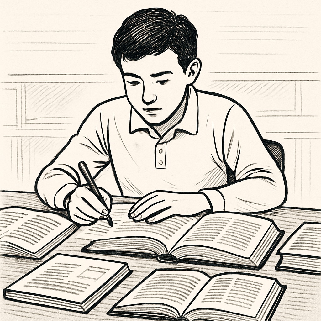A student reviewing textbooks in preparation for retaking high school exams, symbolizing dedication and perseverance. Student studying for high school exam retake, reflecting determination.
