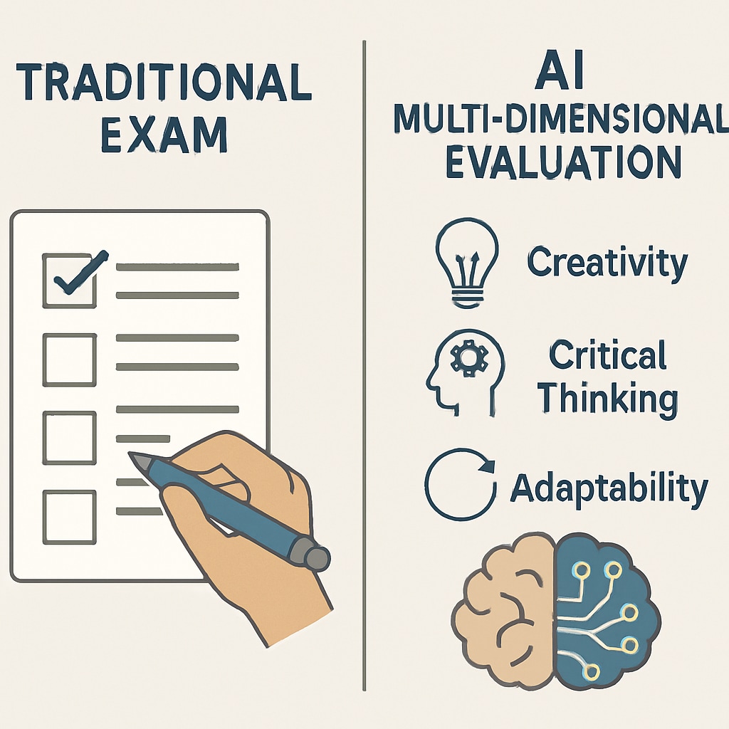 An educational infographic illustrating the comparison between traditional exams and AI-driven multi-dimensional evaluation methods, highlighting creativity, critical thinking, and adaptability as key focus areas. Infographic comparing traditional exams with AI-driven evaluation methods.
