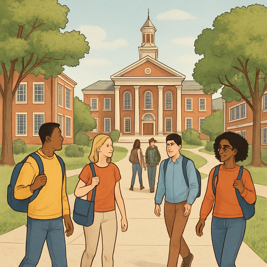A university campus with students walking, representing the choice to pursue education at a less competitive institution. Students at a university campus, highlighting practical education paths.