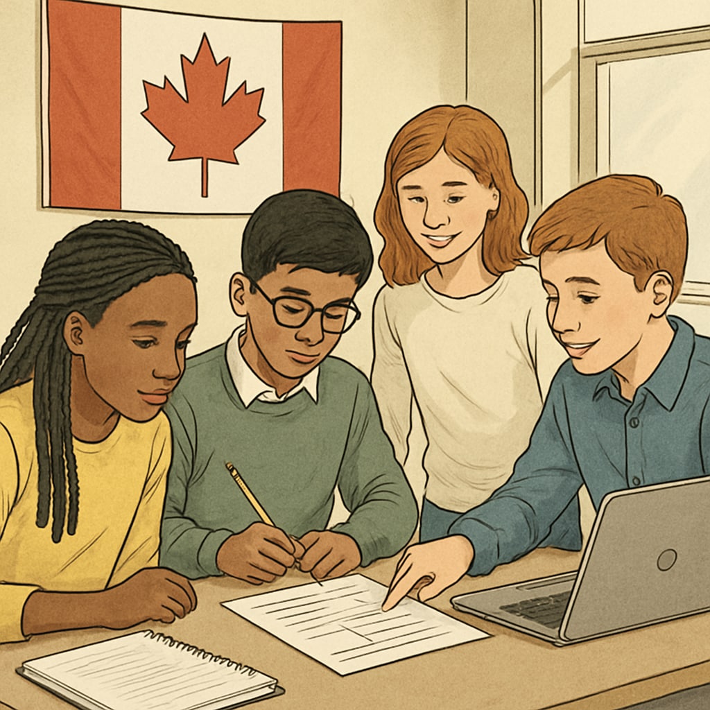 Canadian students engaged in a collaborative school project, reflecting the K12 education approach.