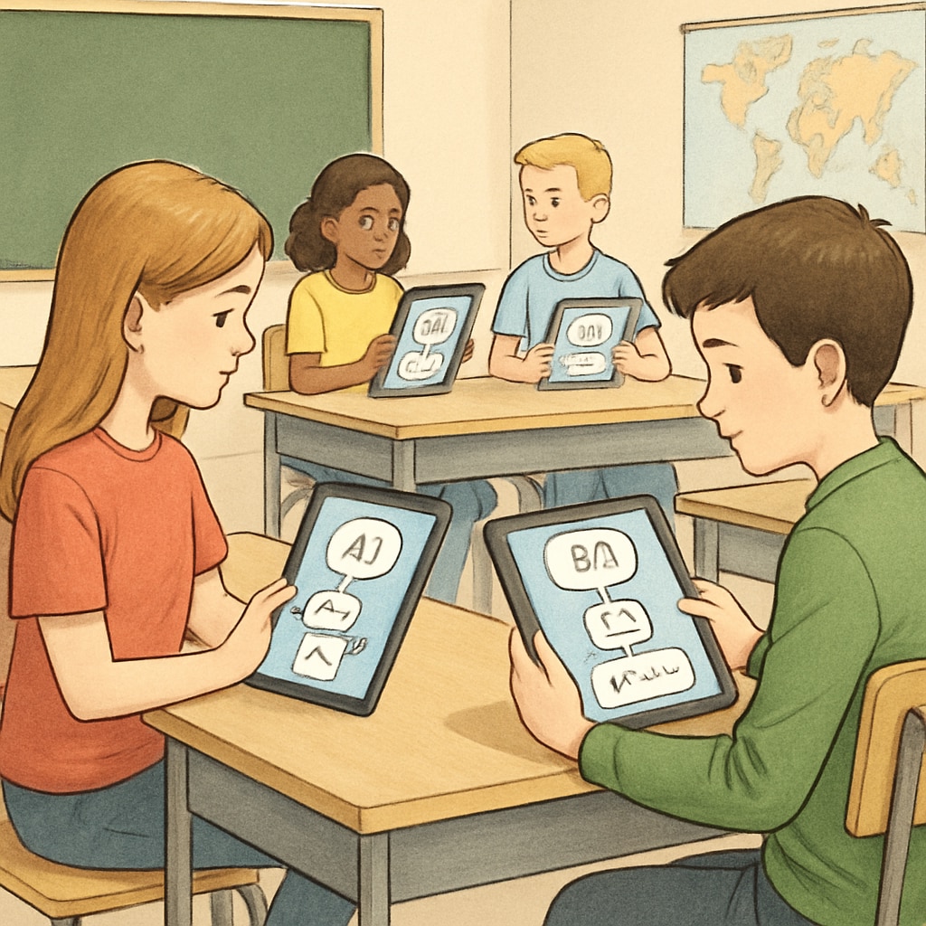 A classroom setting where students are using AI-powered tablets for personalized learning. The image illustrates the application of artificial intelligence in creating tailored educational experiences. AI-powered classroom with students using personalized learning tools