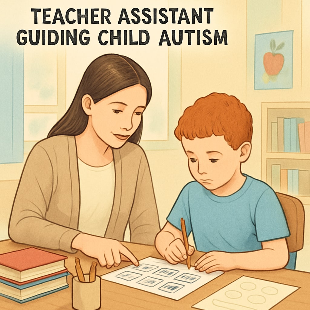 A teacher assistant helping a child with autism complete a learning activity. A teacher assistant supports a child with autism in a classroom setting.