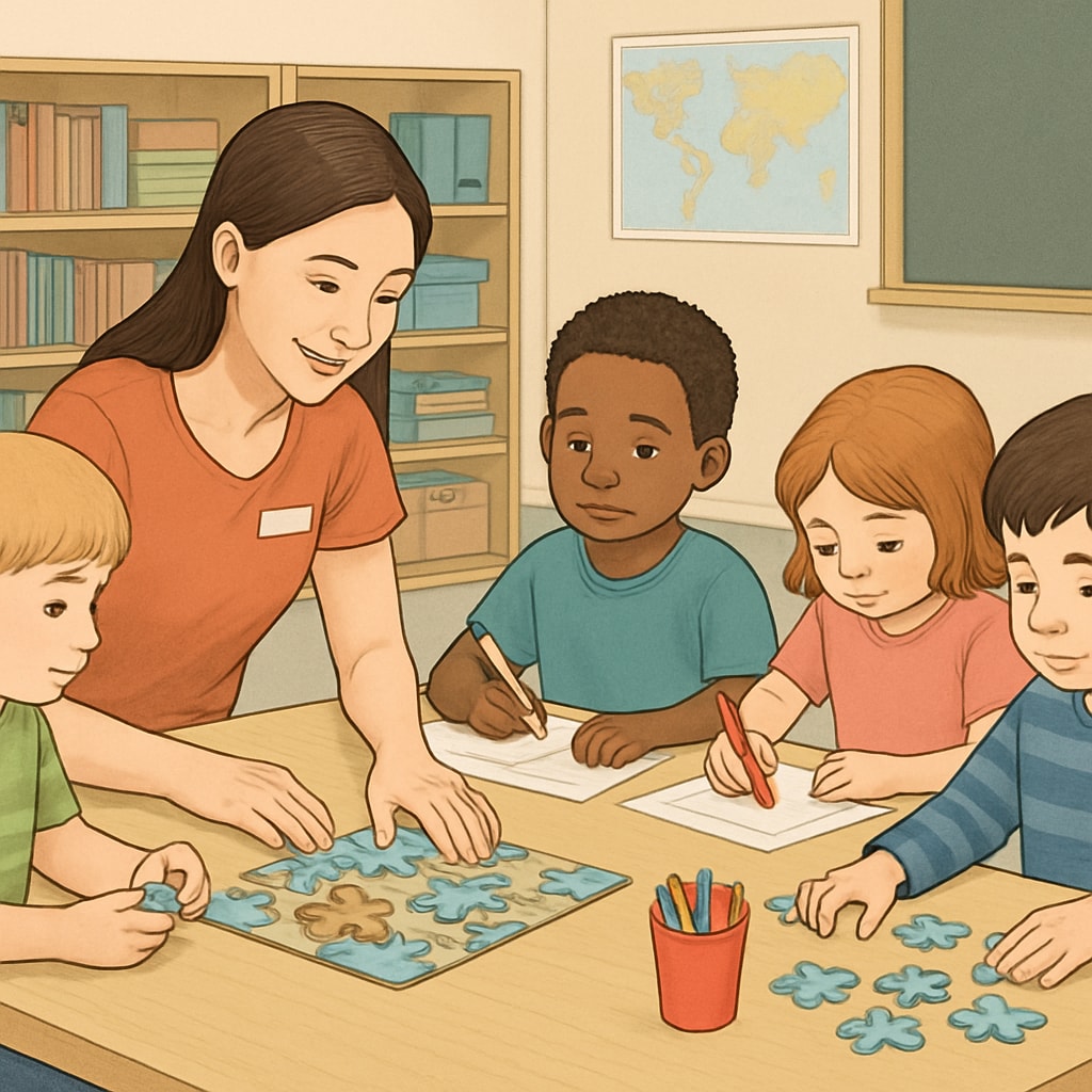 A classroom setting with a teacher assistant engaging with a group of children on the autism spectrum. A teacher assistant interacts with children on the autism spectrum during a classroom activity.