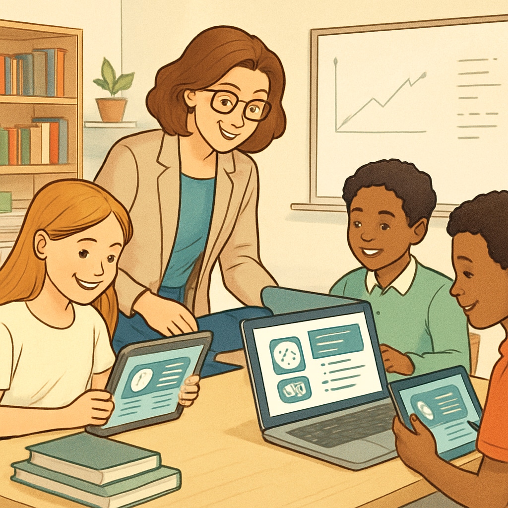 A teacher collaborating with students using AI-driven educational software. The image highlights the evolving role of teachers in an AI-integrated classroom. Teacher assisting students with AI educational tools