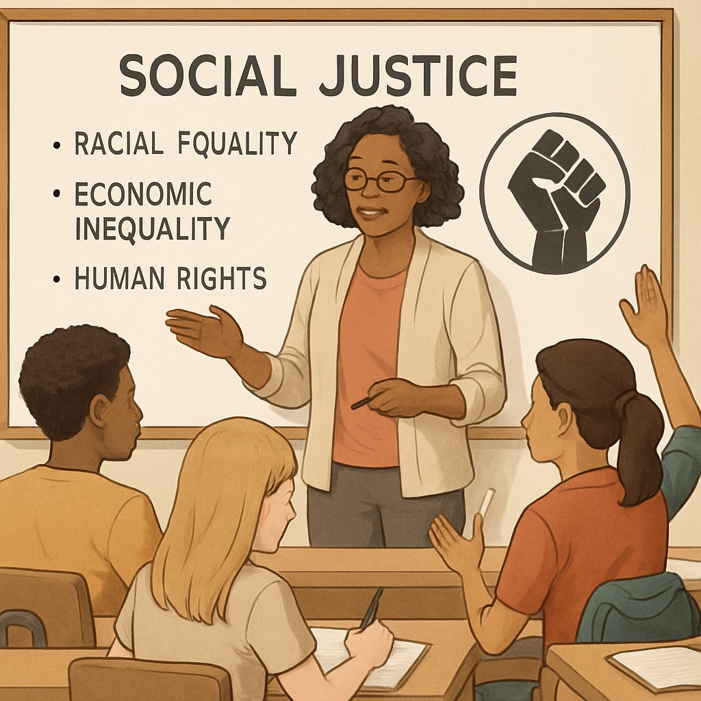 A teacher leading a classroom discussion on social justice topics, highlighting the role of wokeness in redefining teacher-student relationships. Teacher discussing social justice in class as part of wokeness in schools.
