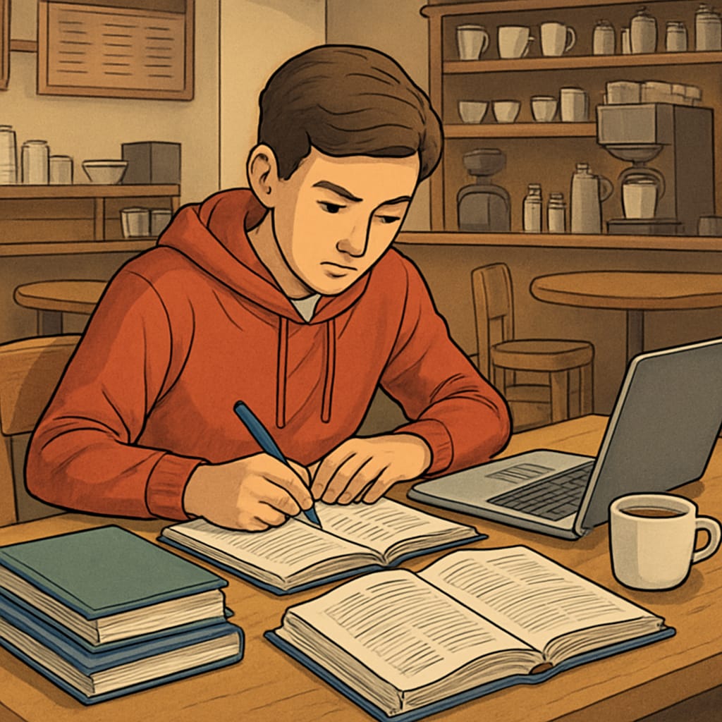 A high school student managing homework while working at a coffee shop after school. High school student balancing work and academics at coffee shop.