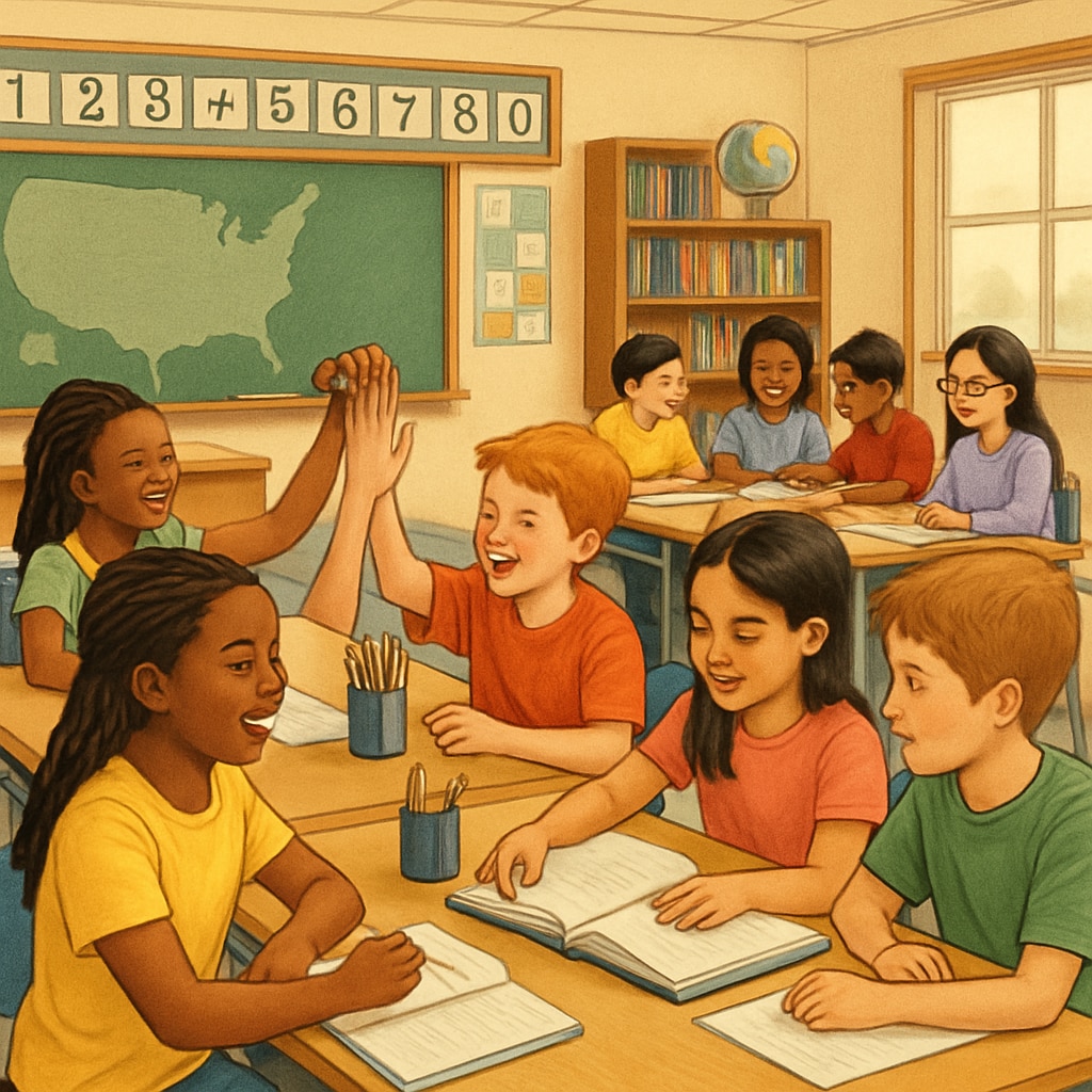 A classroom in the United States showcasing diverse students participating in group activities, emphasizing equality and inclusivity in education. U.S. classroom with diverse students and group activities, reflecting education equality.