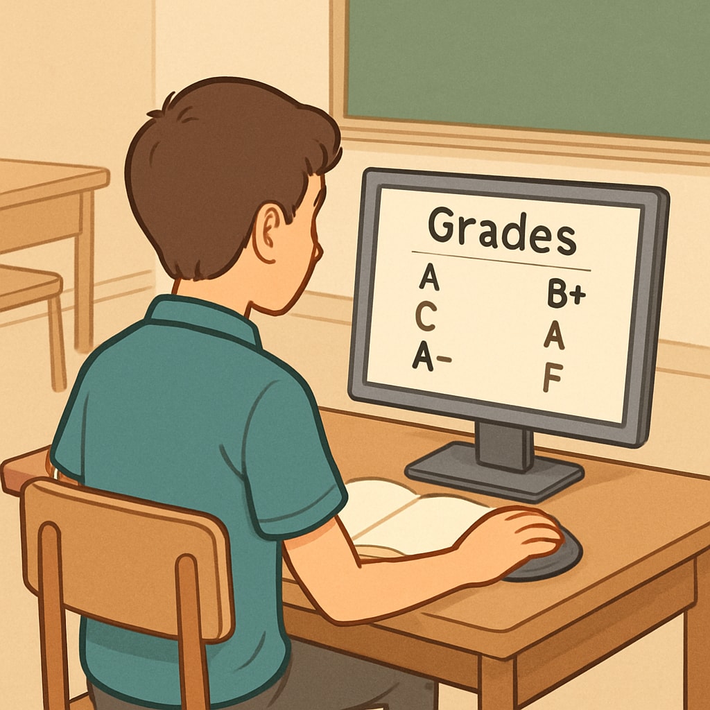 A student reviewing their grades on a computer, symbolizing reflection and improvement. Student analyzing grades to plan for Harvard admissions.