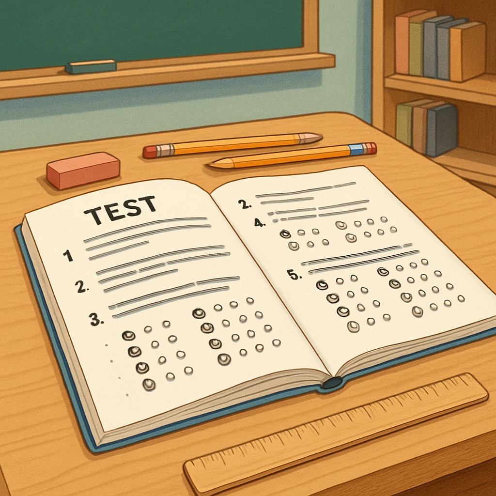 A standardized test booklet used in U.S. schools, representing the role of assessments in education. Standardized test booklet used in U.S. schools, symbolizing educational assessments.