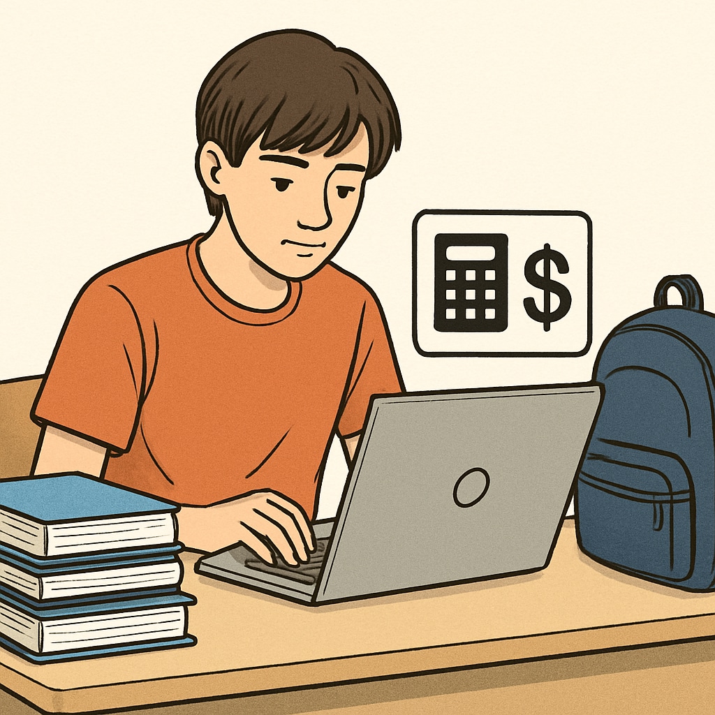 A teenager calculating savings on a laptop, with books and a school backpack nearby. Teenager learning financial responsibility while balancing studies and work.
