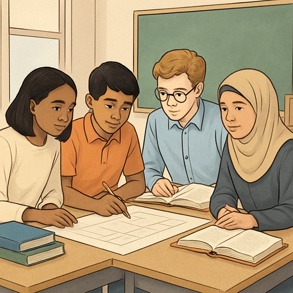 A diverse group of students collaborating on a project, representing Harvard’s holistic admissions values. Harvard admissions holistic approach illustrated by diverse student collaboration.