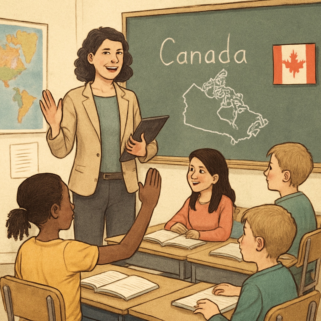 A teacher engaging with students in a Canadian classroom setting, symbolizing effective teaching practices. Canadian classroom scene with teacher and students