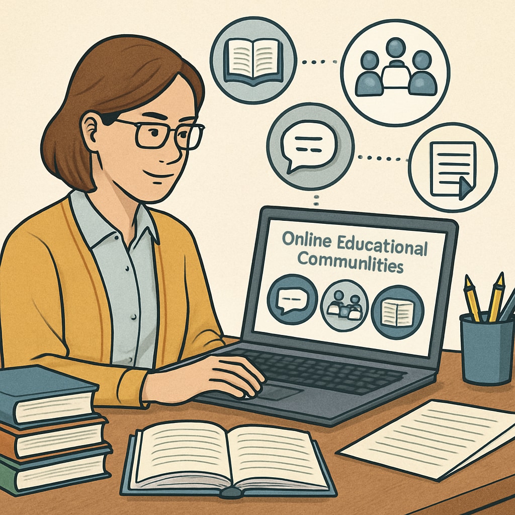 A teacher using a laptop to explore online educational communities, symbolizing collaboration and resource sharing. Teacher exploring Reddit educational communities on a laptop.
