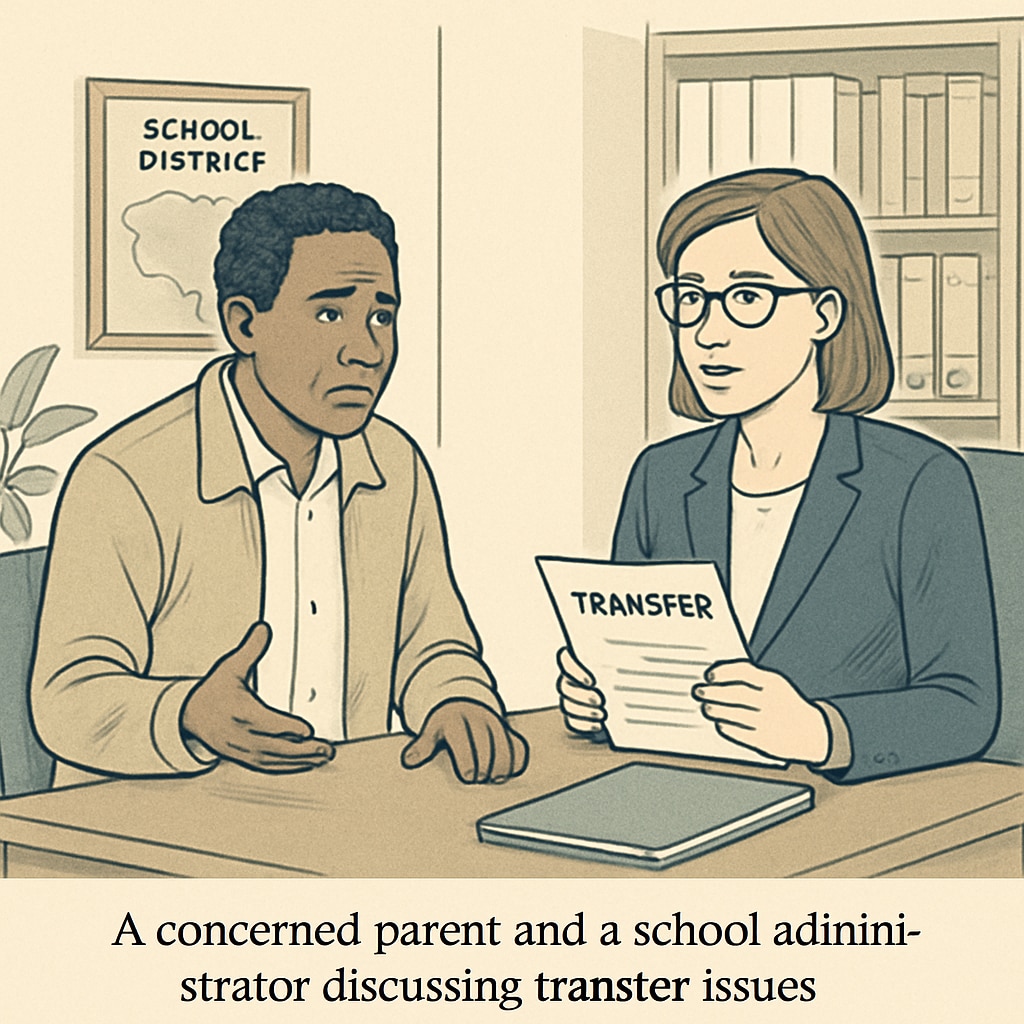 A concerned parent discussing transfer issues with a school administrator in a formal setting. The image conveys the challenges families face when navigating school district barriers. Parent discussing school transfer concerns with an administrator, highlighting educational equity issues.