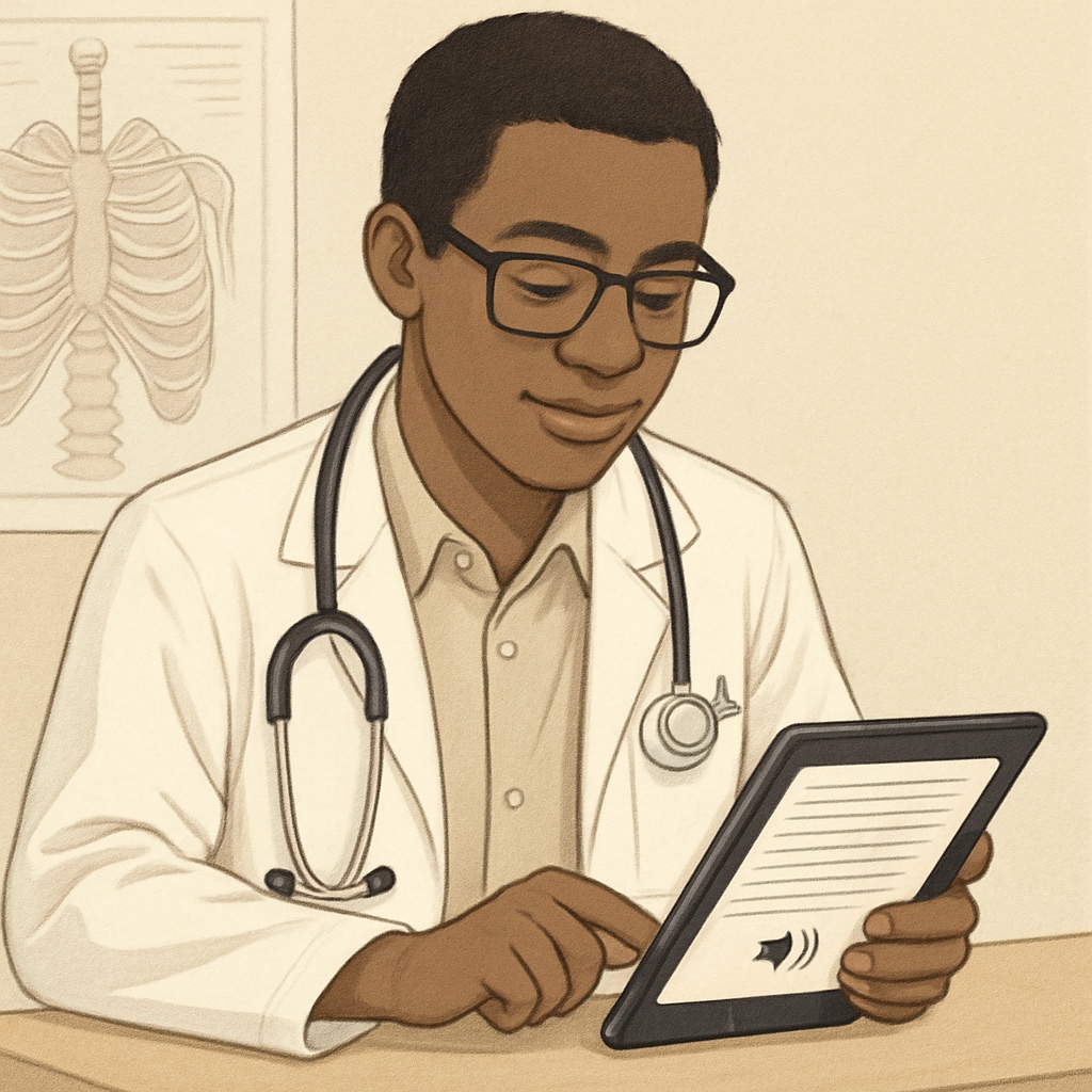 A medical student using assistive technology like a tablet or text-to-speech software, emphasizing inclusive tools. Medical student with disabilities using assistive technology