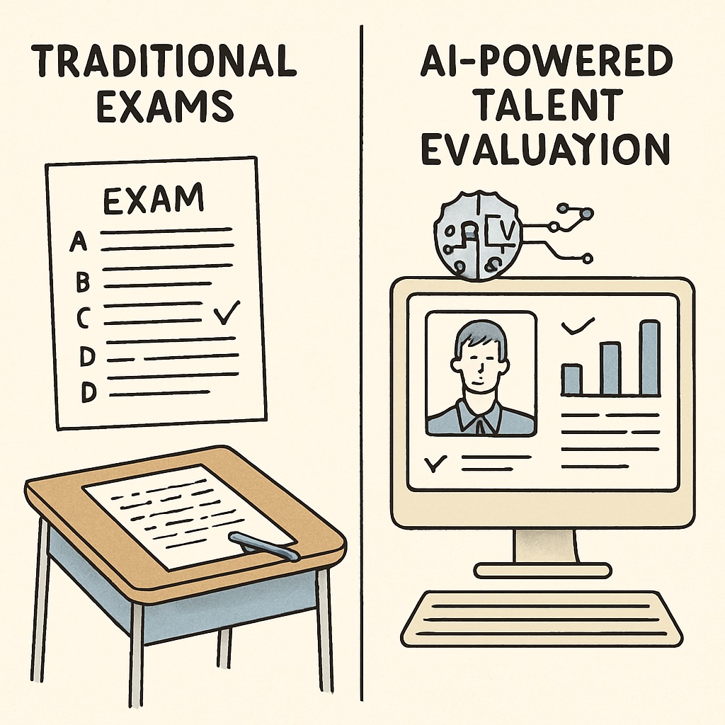 Chart comparing traditional exams with AI-based talent selection models.