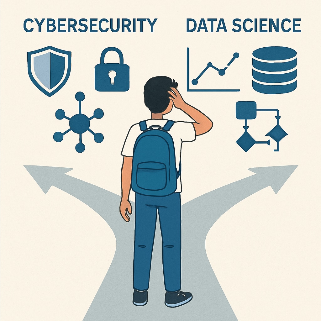 Illustration of a student choosing between cybersecurity and data science as career paths; shows icons representing both fields. Career choice between cybersecurity and data science for K12 students.