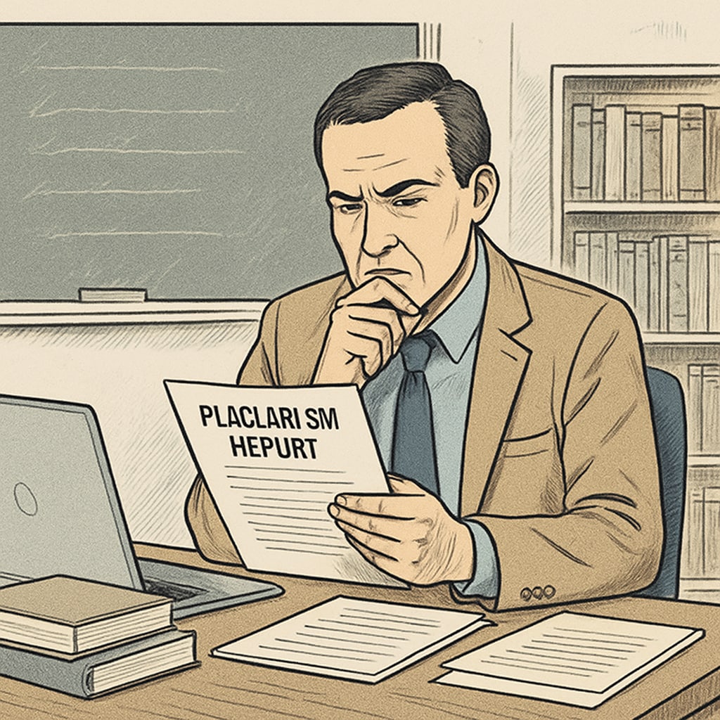 A teacher reviewing a plagiarism report with visible stress and concern, symbolizing the challenges of fair judgment. Teacher reviewing plagiarism report, highlighting concerns about fairness in accusations.