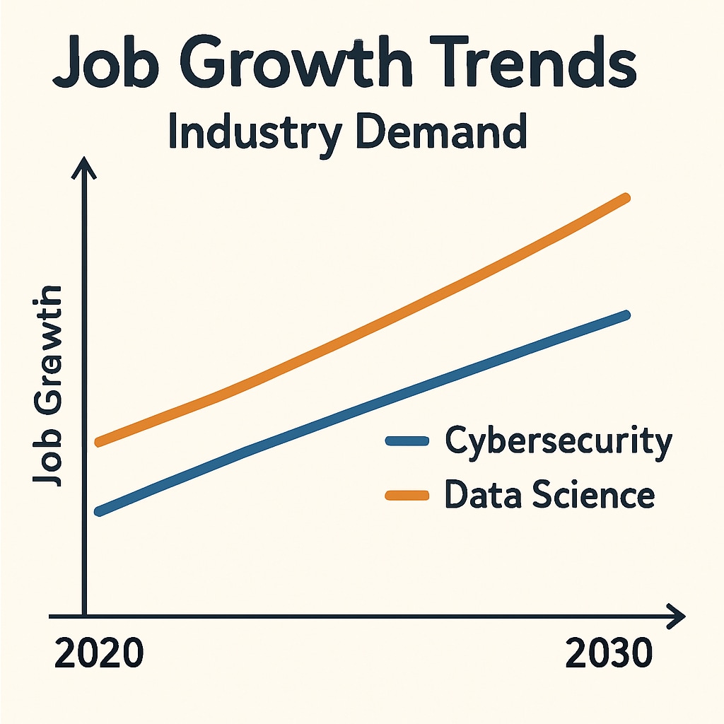 Graph showcasing job growth trends in cybersecurity and data science fields; highlights industry demand. Job growth comparison between cybersecurity and data science.