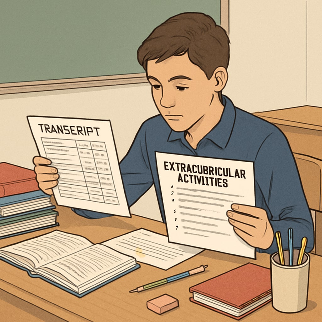 A high school student reviewing their transcript alongside extracurricular activity documents, symbolizing the balance between grades and personal development. Harvard admissions process involves reviewing transcripts and extracurricular activities.