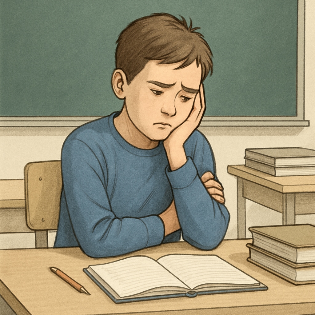 A student sitting in a classroom, looking upset or frustrated, representing the emotional toll of false plagiarism accusations. Upset student in classroom, reflecting emotional impact of plagiarism misjudgments.