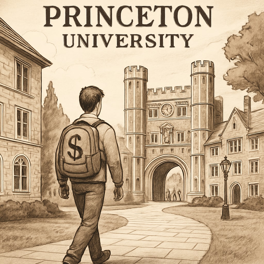 A student walking through Princeton University's campus, symbolizing the cost of prestige and elite education. Princeton University campus highlighting the cost of elite education