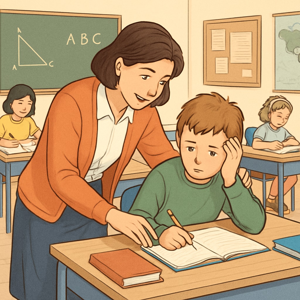 A classroom setting where a teacher provides personalized assistance to a student with learning difficulties. This image highlights inclusive education practices. A teacher helping a student with learning difficulties in a classroom environment.