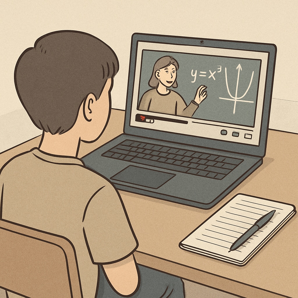 A student sitting at a desk, watching a YouTube math tutorial on their laptop, with a notebook and pen beside them. Student watching a YouTube math tutorial to improve mathematical skills.