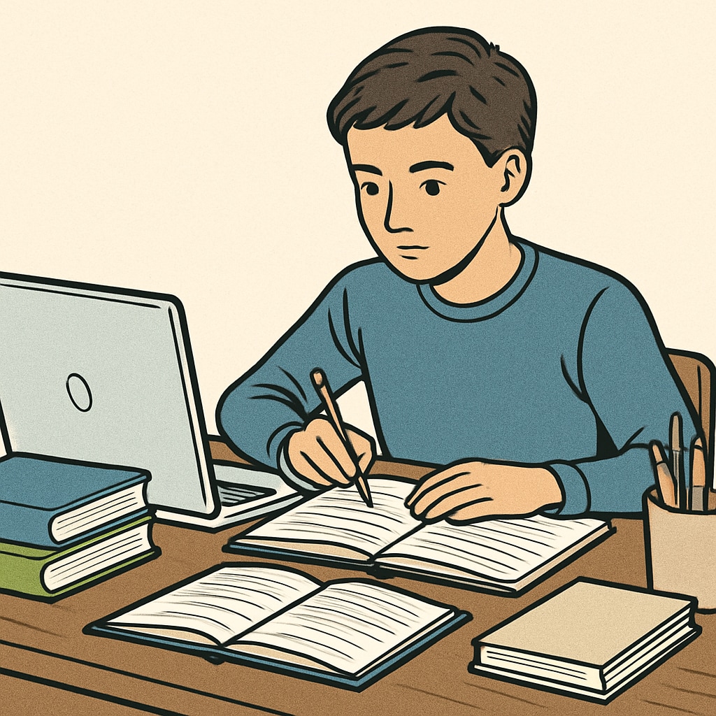 A teenager studying on a laptop with educational resources spread out on a desk. High school student exploring educational courses and study resources on a laptop.