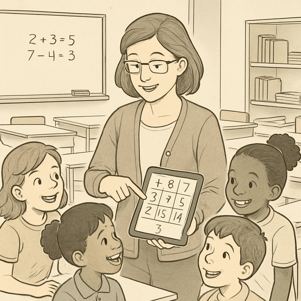 A teacher using a tablet to demonstrate a math game to a group of enthusiastic students in a classroom. Teacher showing a math game to students to make learning fun and practical.